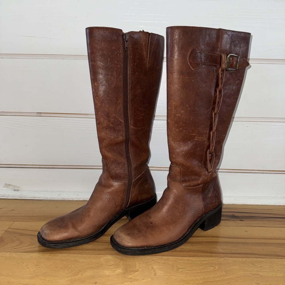 Civico Sz5.5 BrownLeatherChain Trim Riding Boot Brass BuckleMade In Brazil GW999
